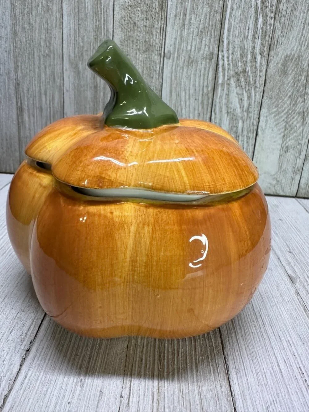 Vtg Ceramic Orange Pumpkin Jar with Lid 5
